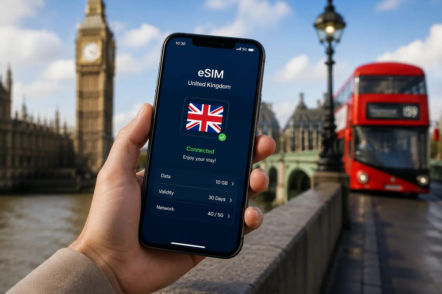 Aktywna karta eSIM na Anglię na ekranie iPhone'a na tle Big Bena i czerwonego autobusu w Londynie