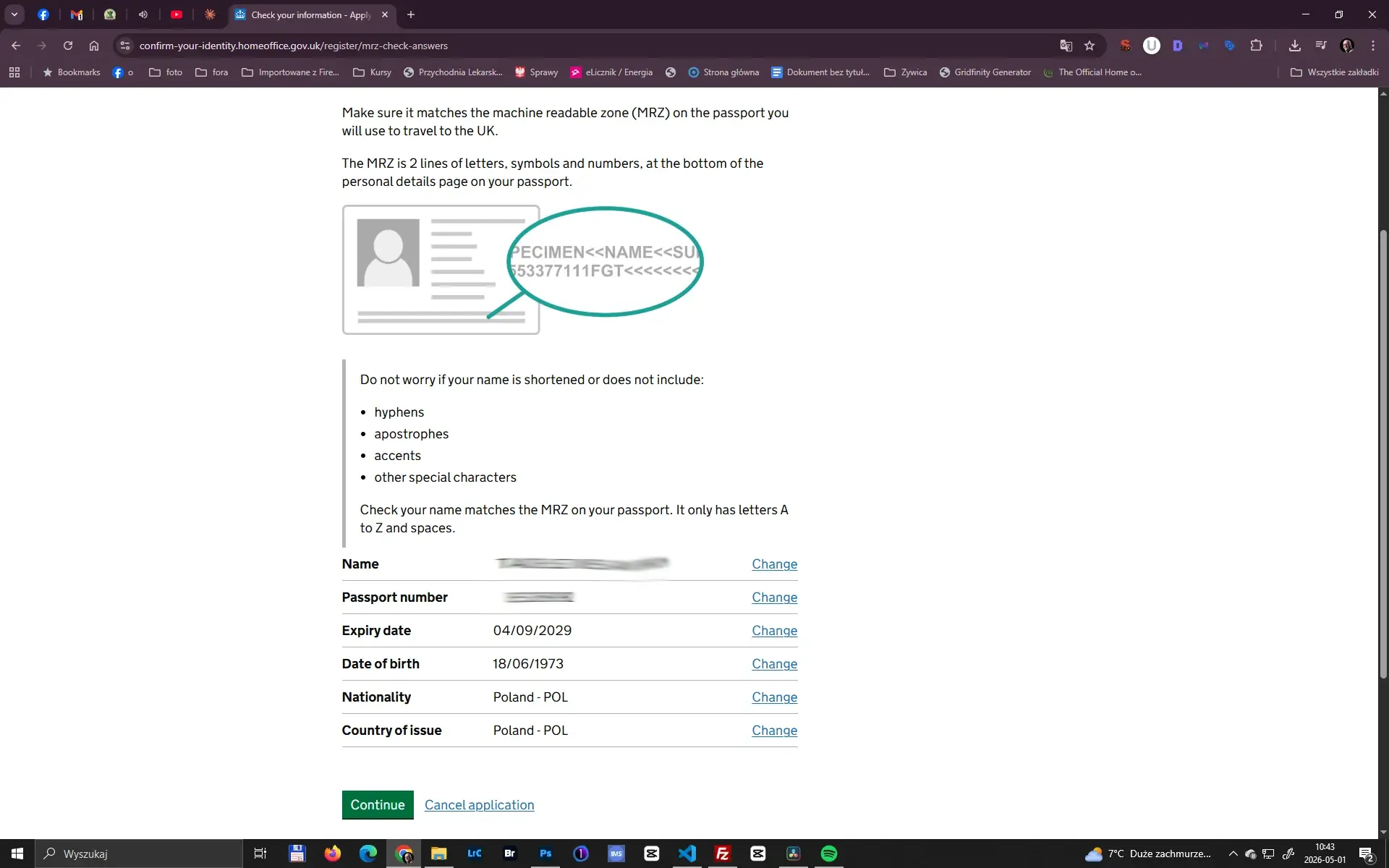ETA UK krok 3 – weryfikacja danych z paszportu Weryfikacja danych paszportowych ETA Wielka Brytania – sprawdzanie danych z MRZ w systemie GOV.UK