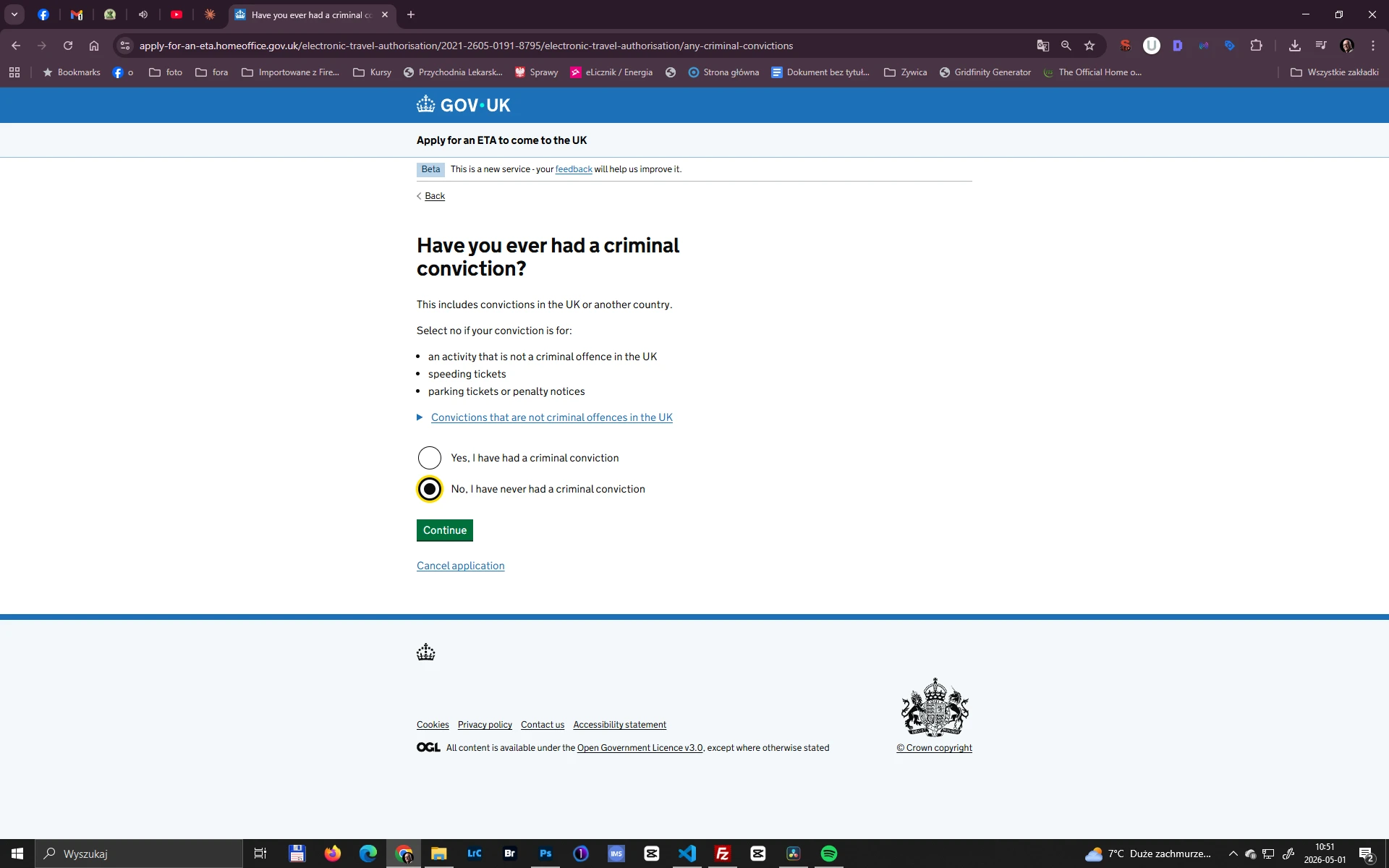ETA UK krok 10 – pytania o karalność ETA Wielka Brytania – pytanie o karalność w formularzu GOV.UK