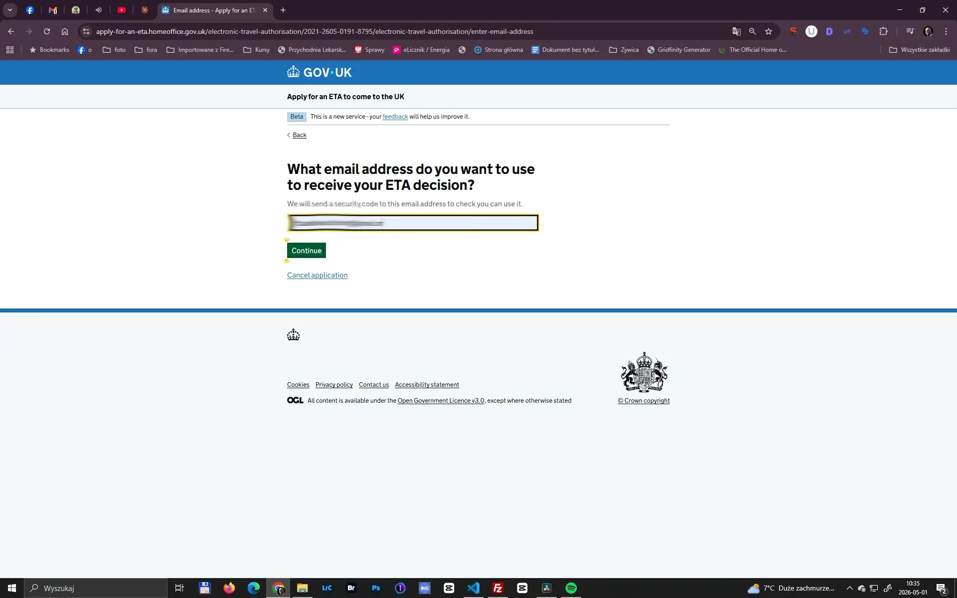 ETA UK krok 1 – podaj adres email wniosku Formularz ETA Wielka Brytania – wpisanie adresu email w procesie aplikacji GOV.UK