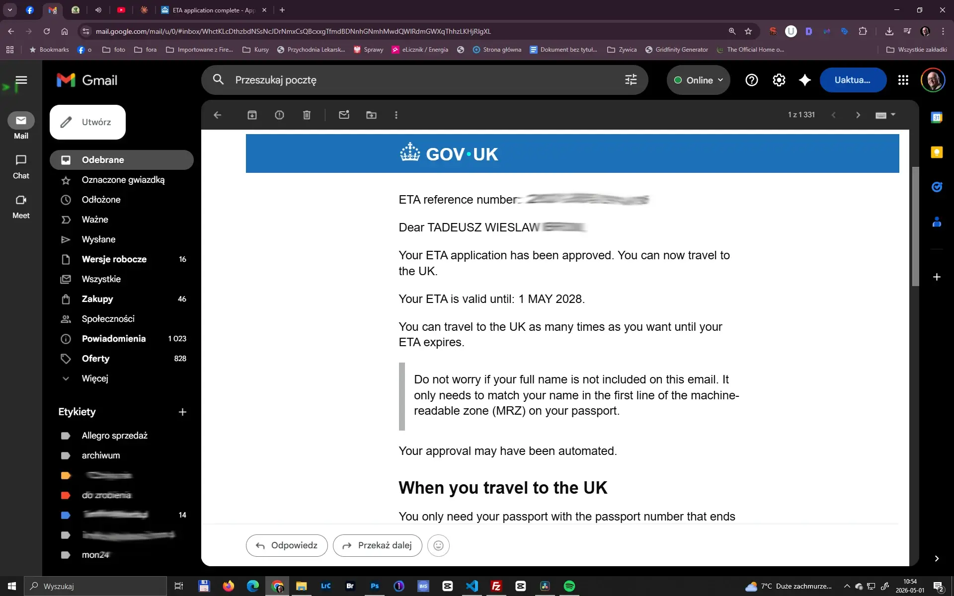 ETA UK zatwierdzenie wniosku – email potwierdzający Email z potwierdzeniem ETA Wielka Brytania – zatwierdzenie wniosku GOV.UK